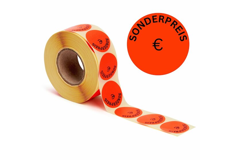 Aktionsetiketten leuchtrot &quot;Sonderpreis &euro;&quot; 32 mm, permanent