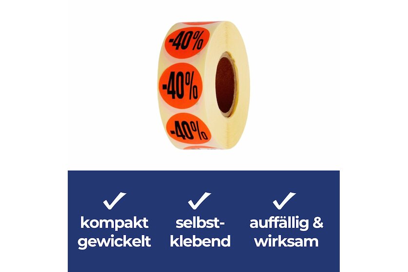 Aktionsetiketten leuchtrot &quot;-40%&quot; 32 mm, permanent