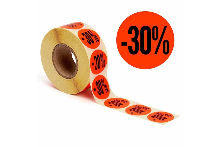 Aktionsetiketten leuchtrot &quot;-30%&quot; 32 mm, permanent