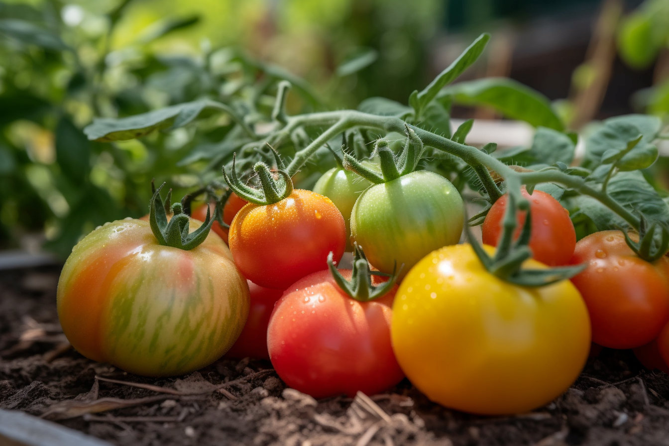 Frische Pfirischtomaten geerntet präsentiert im Beet | © basenio.de